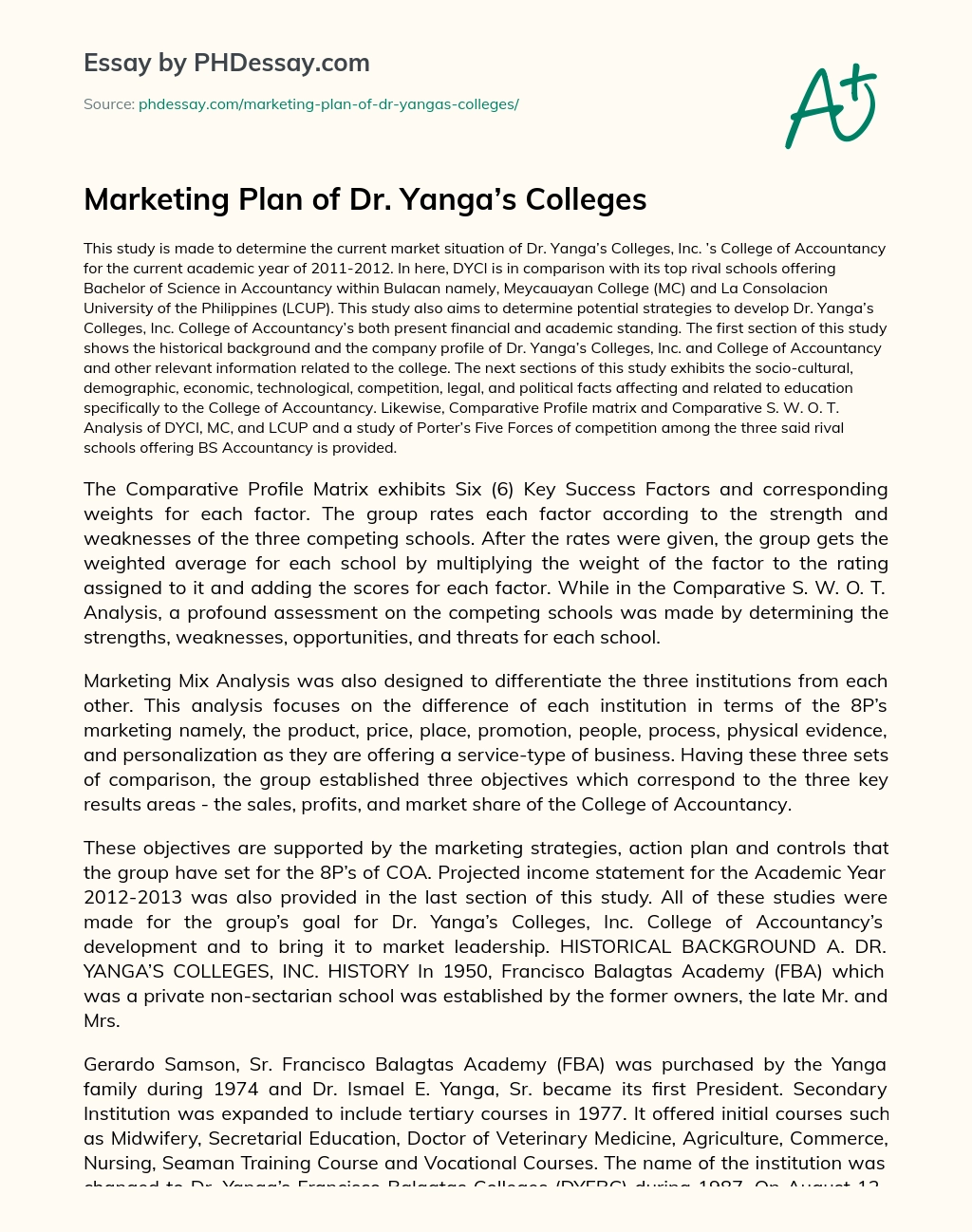 Marketing Plan of Dr. Yanga’s Colleges essay