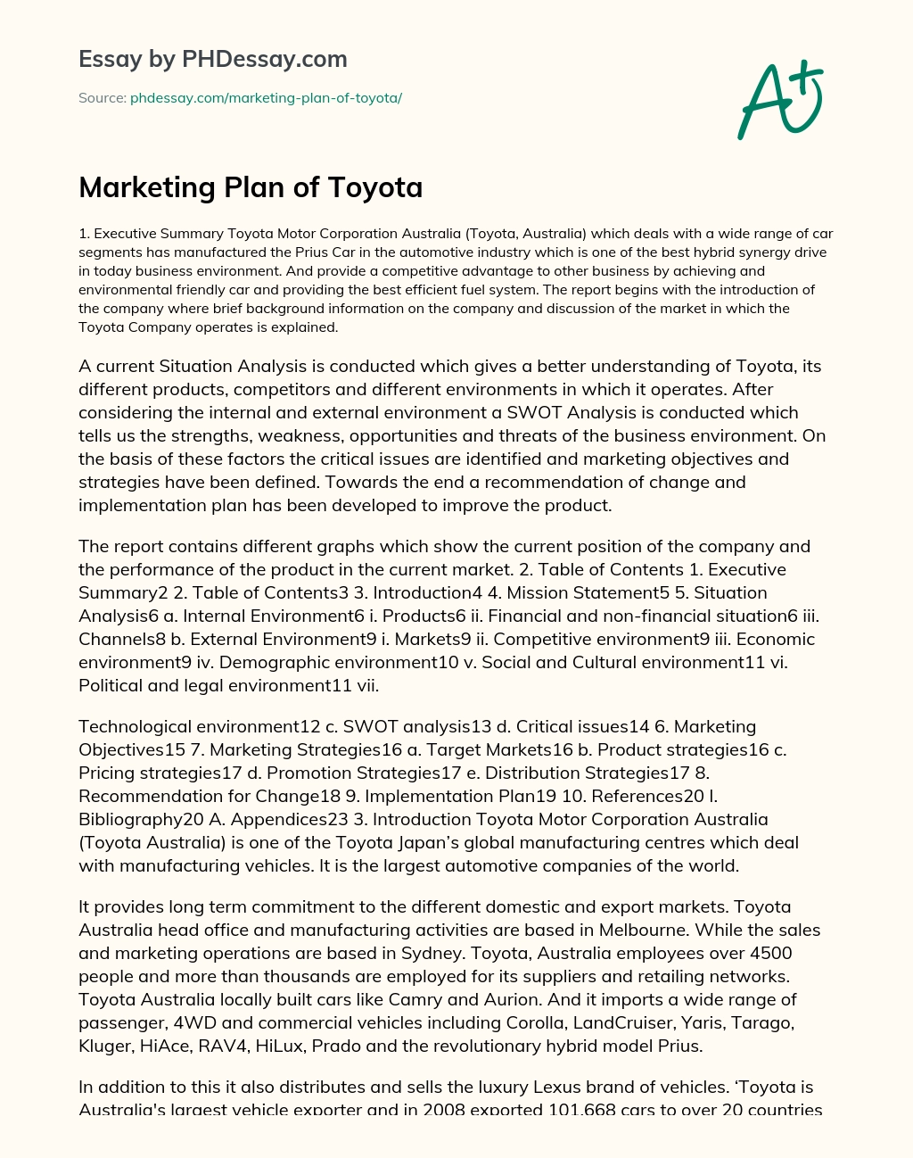 Marketing Plan of Toyota essay