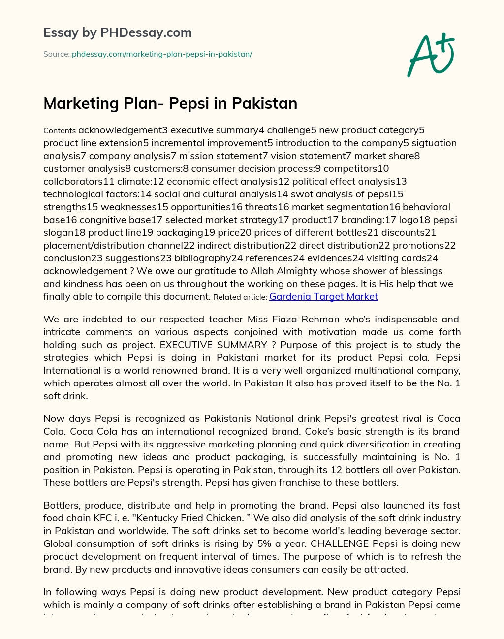 Marketing Plan- Pepsi in Pakistan essay