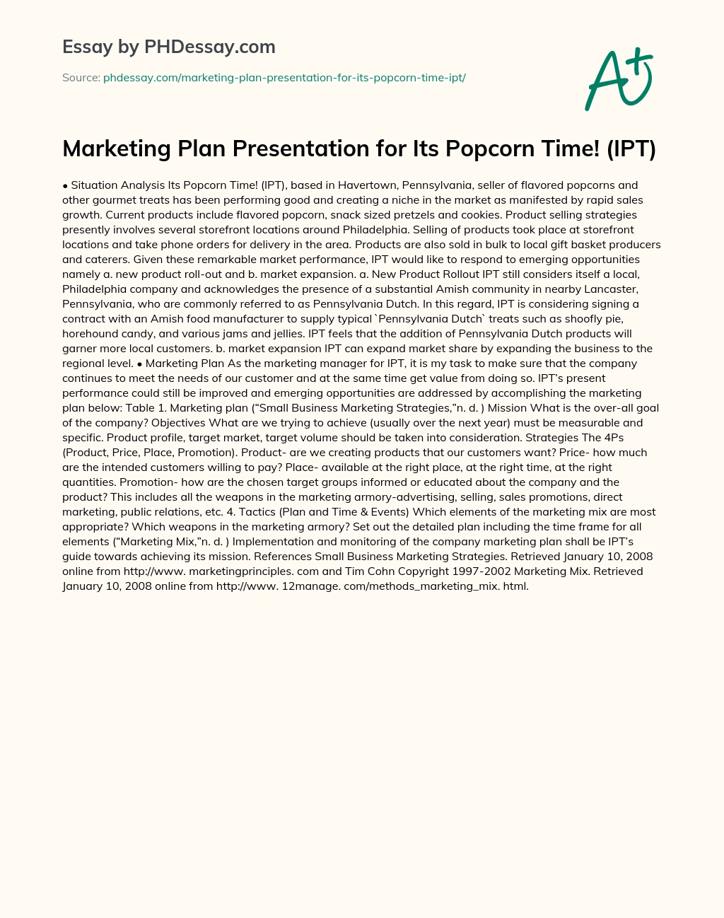 Marketing Plan Presentation for Its Popcorn Time! (IPT) essay