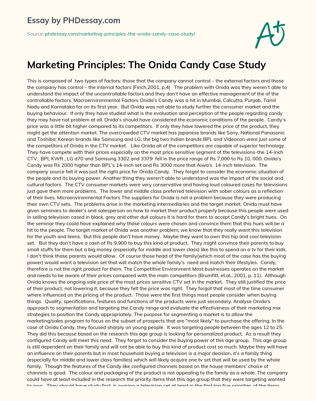 Marketing Principles: The Onida Candy Case Study essay