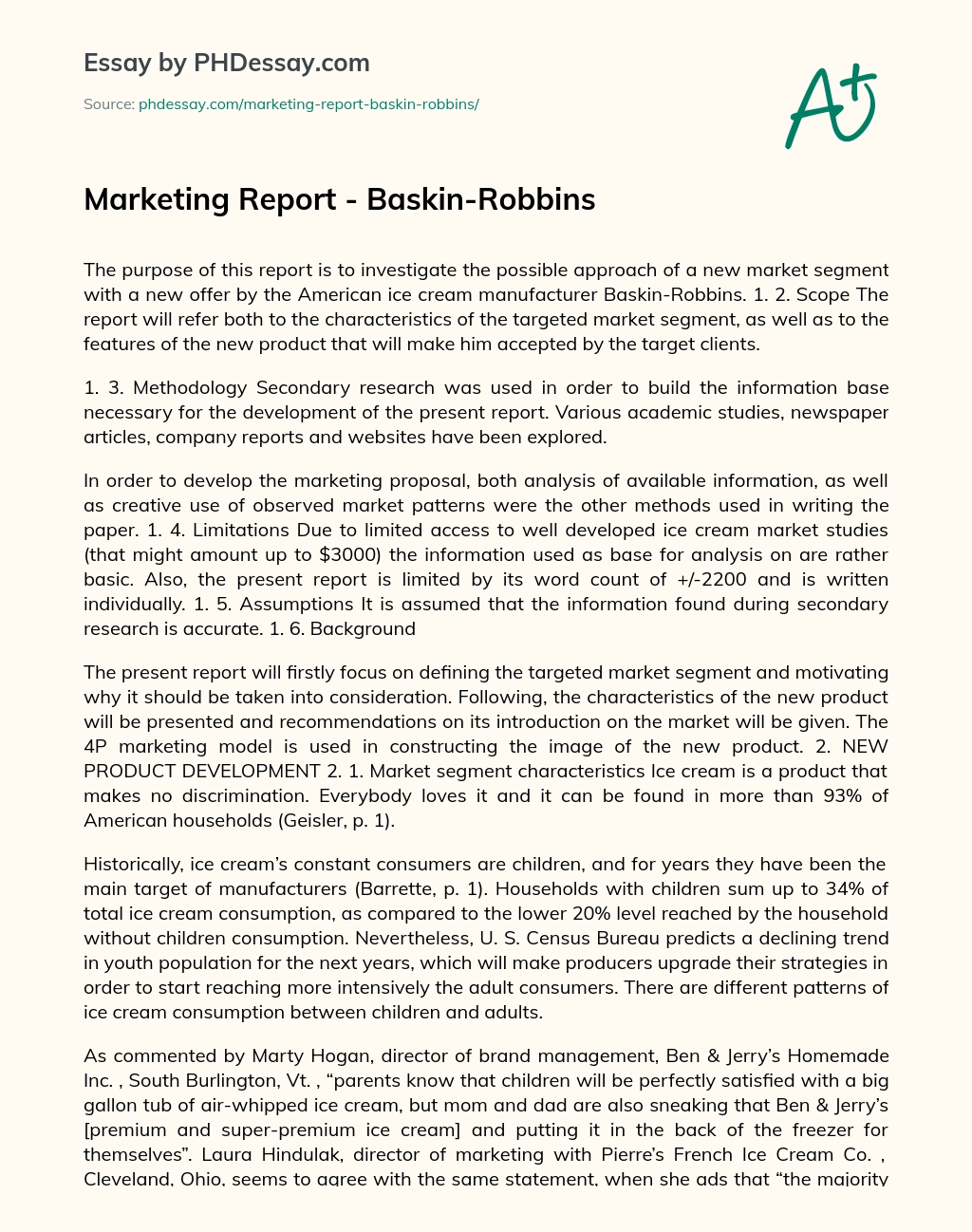 Marketing Report – Baskin-Robbins essay