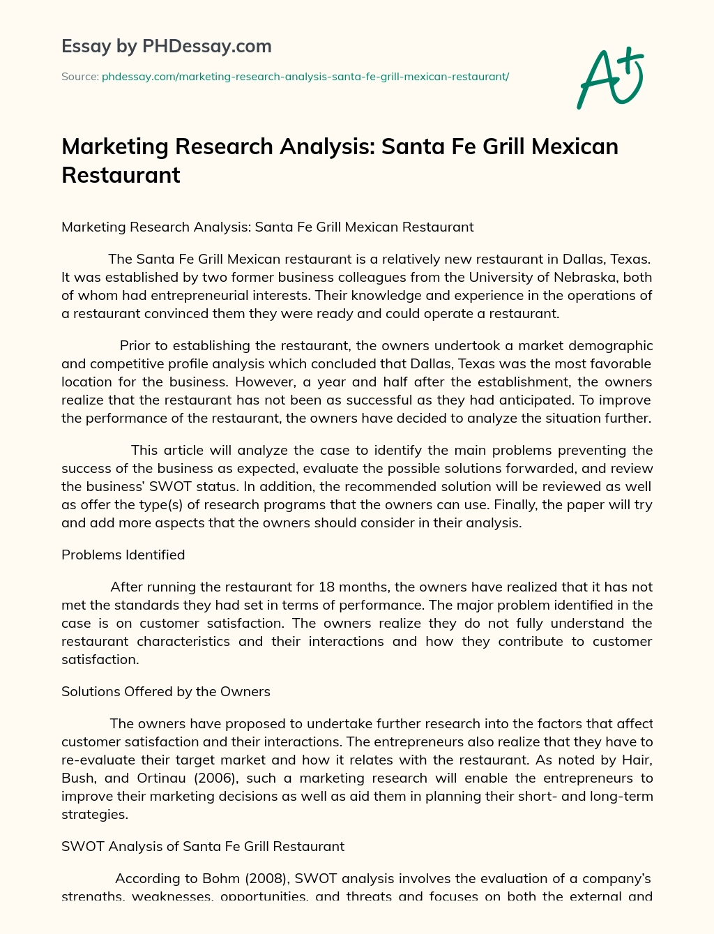 Marketing Research Analysis: Santa Fe Grill Mexican Restaurant essay