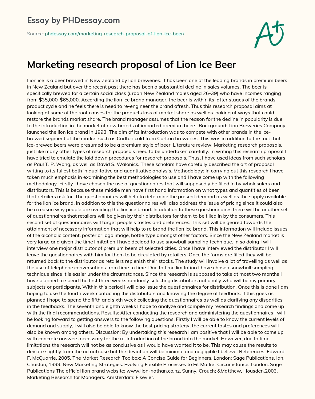 Marketing research proposal of Lion Ice Beer essay