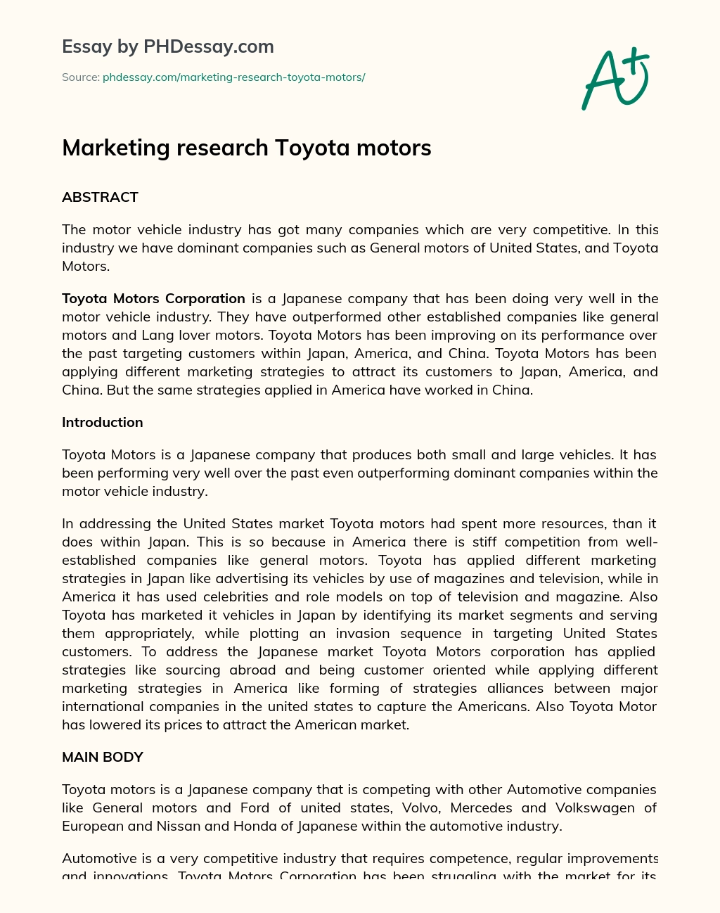 Marketing research Toyota motors essay