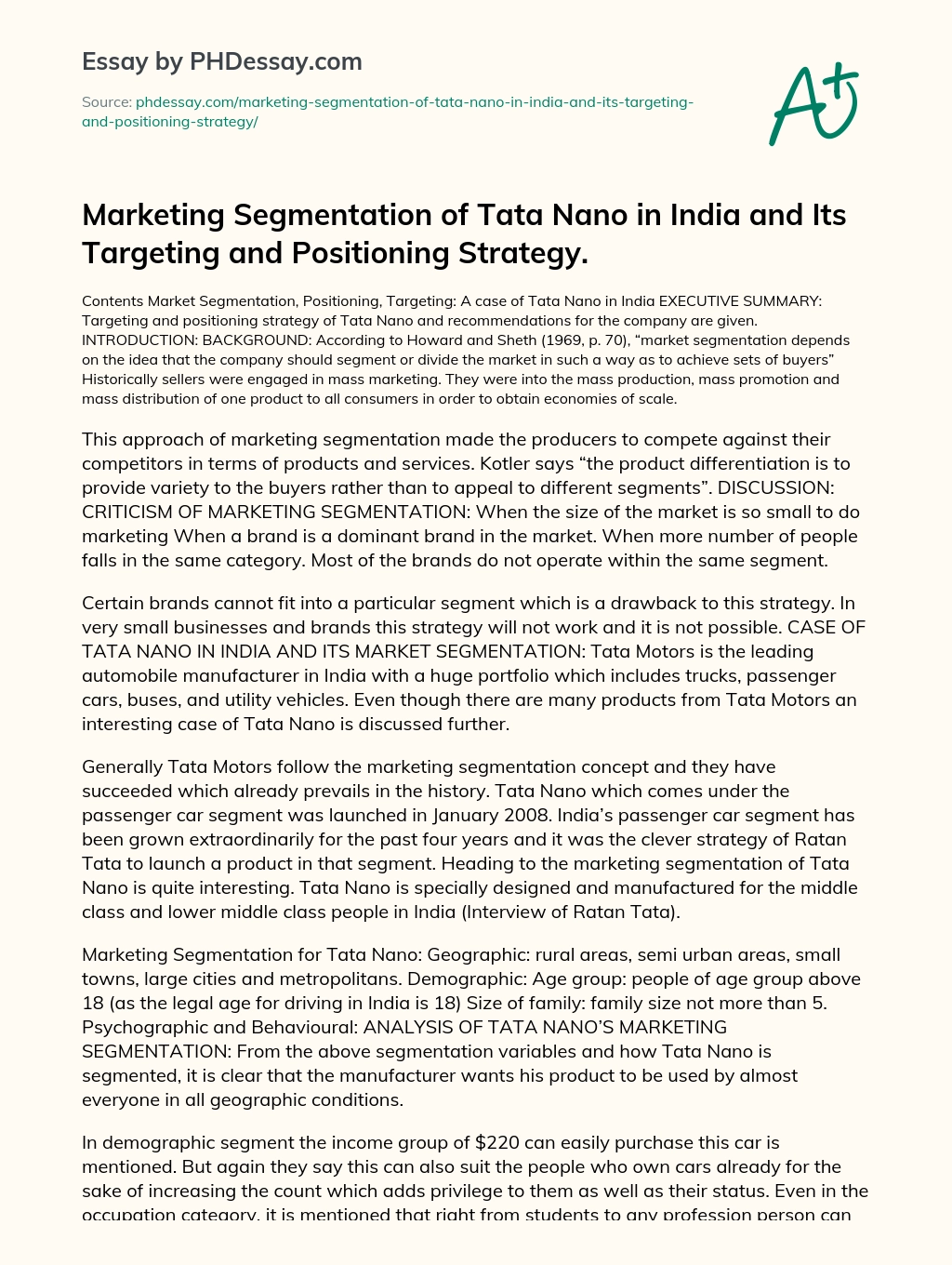 Marketing Segmentation of Tata Nano in India and Its Targeting and Positioning Strategy. essay