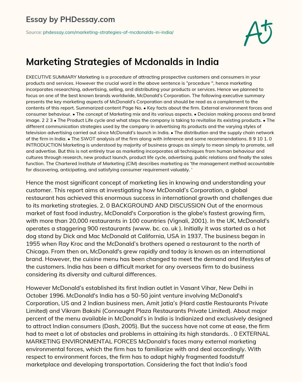 Marketing Strategies of Mcdonalds in India essay