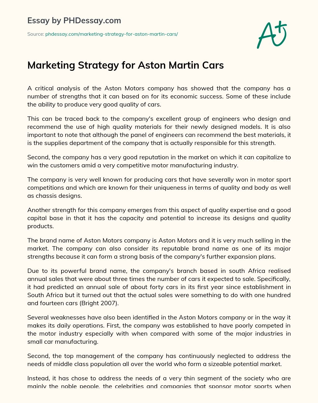 Marketing Strategy for Aston Martin Cars essay