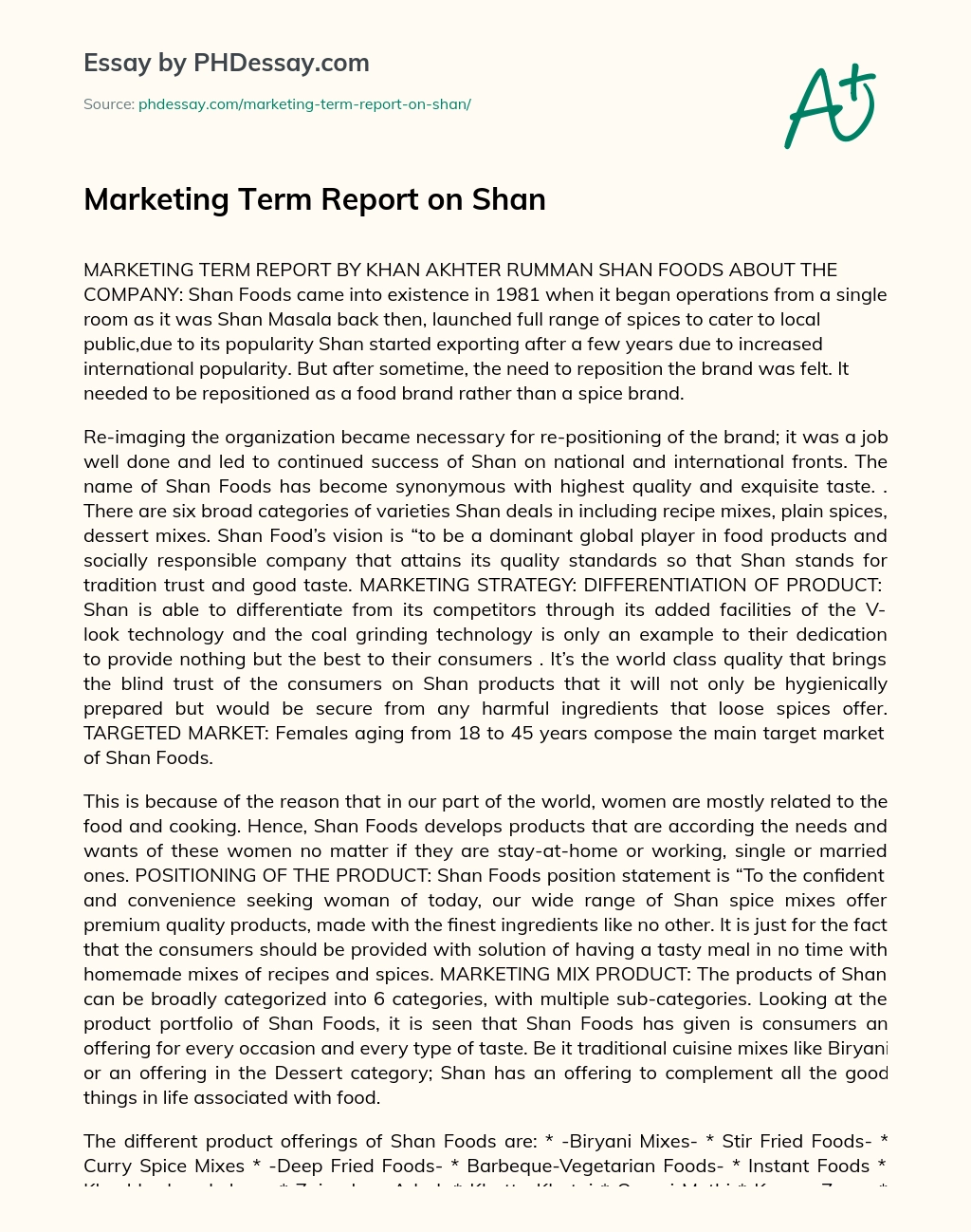 Marketing Term Report on Shan essay