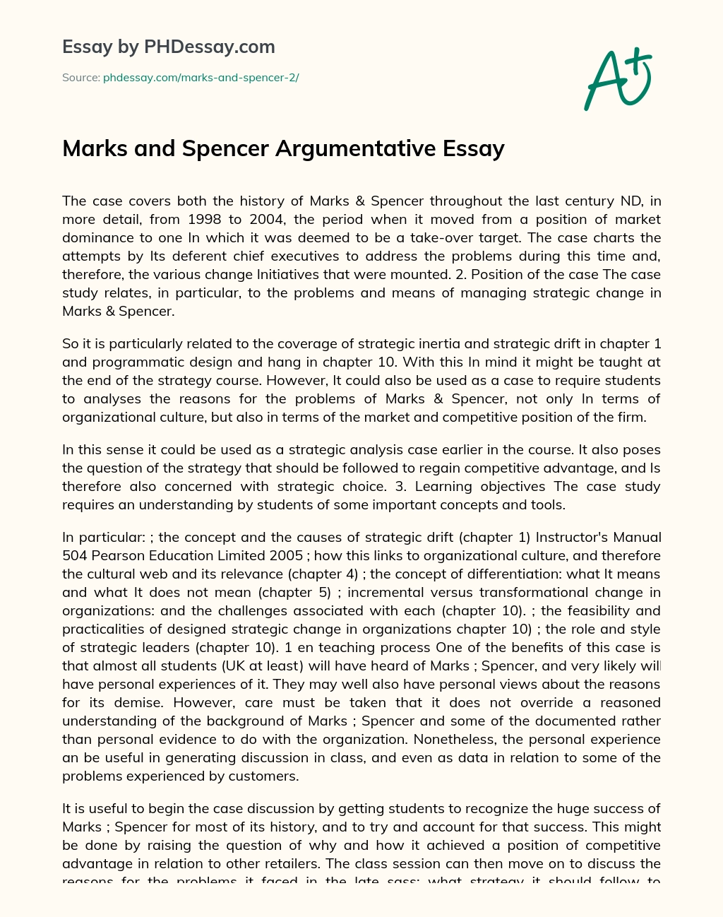 Marks and Spencer Argumentative Essay essay