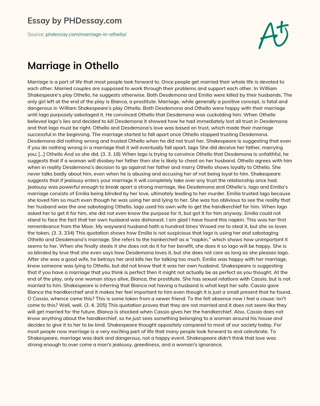 Marriage in Othello essay