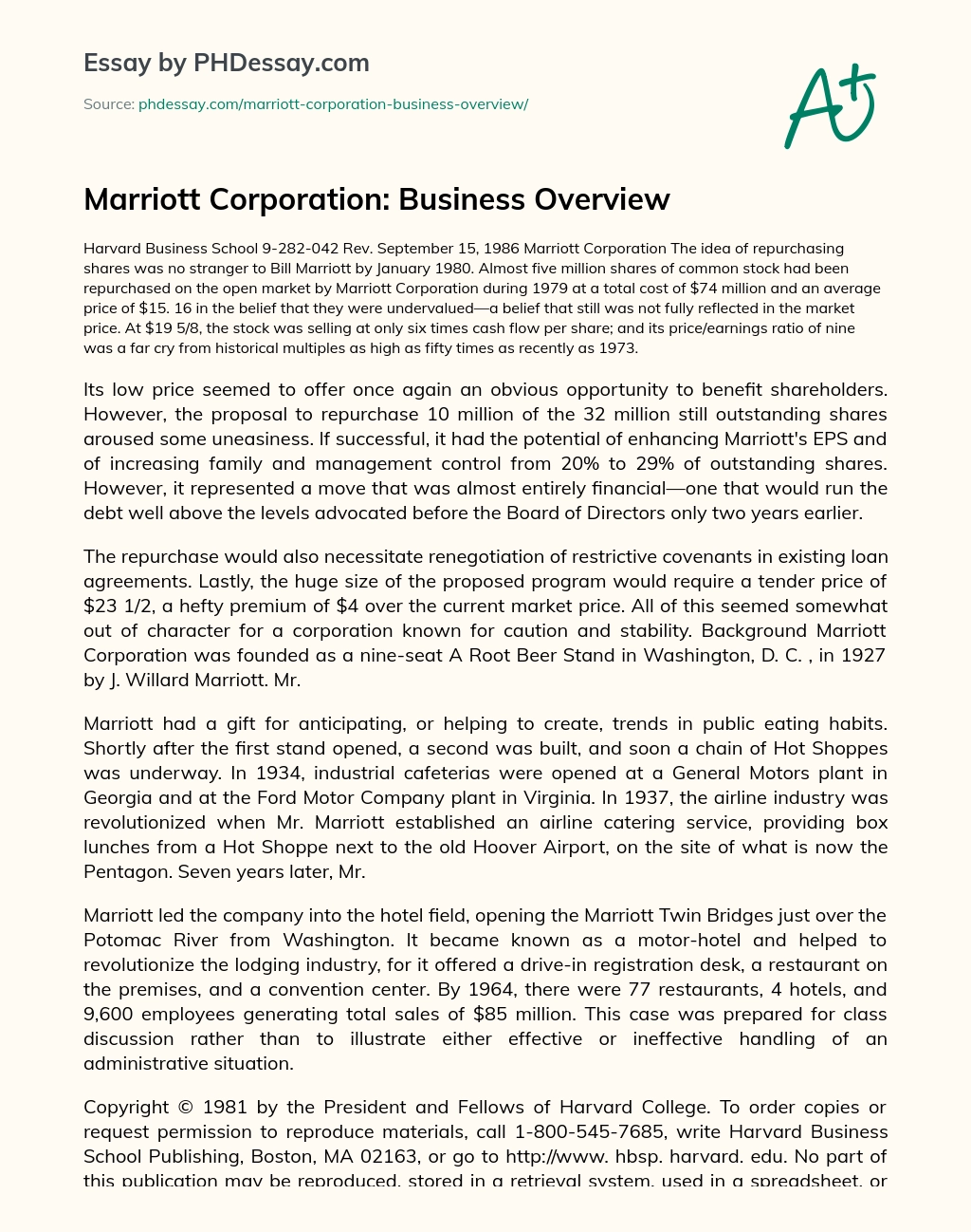 Marriott Corporation: Business Overview essay