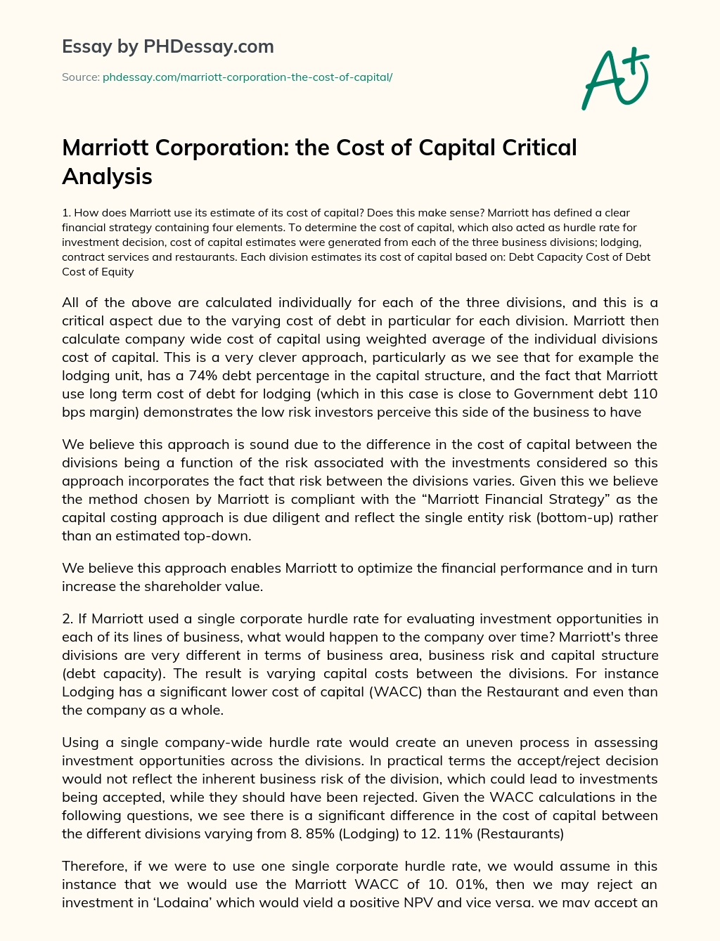 Marriott Corporation: the Cost of Capital Critical Analysis essay