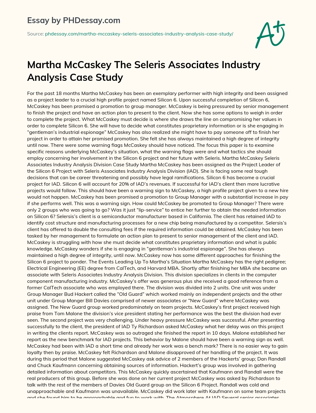 Martha McCaskey The Seleris Associates Industry Analysis Case Study essay