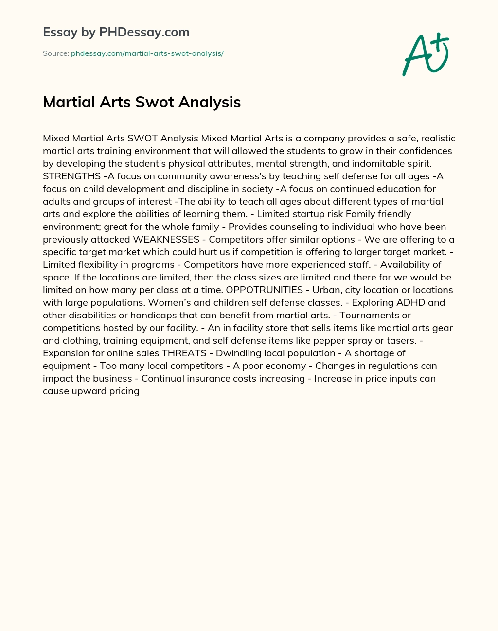Martial Arts Swot Analysis essay