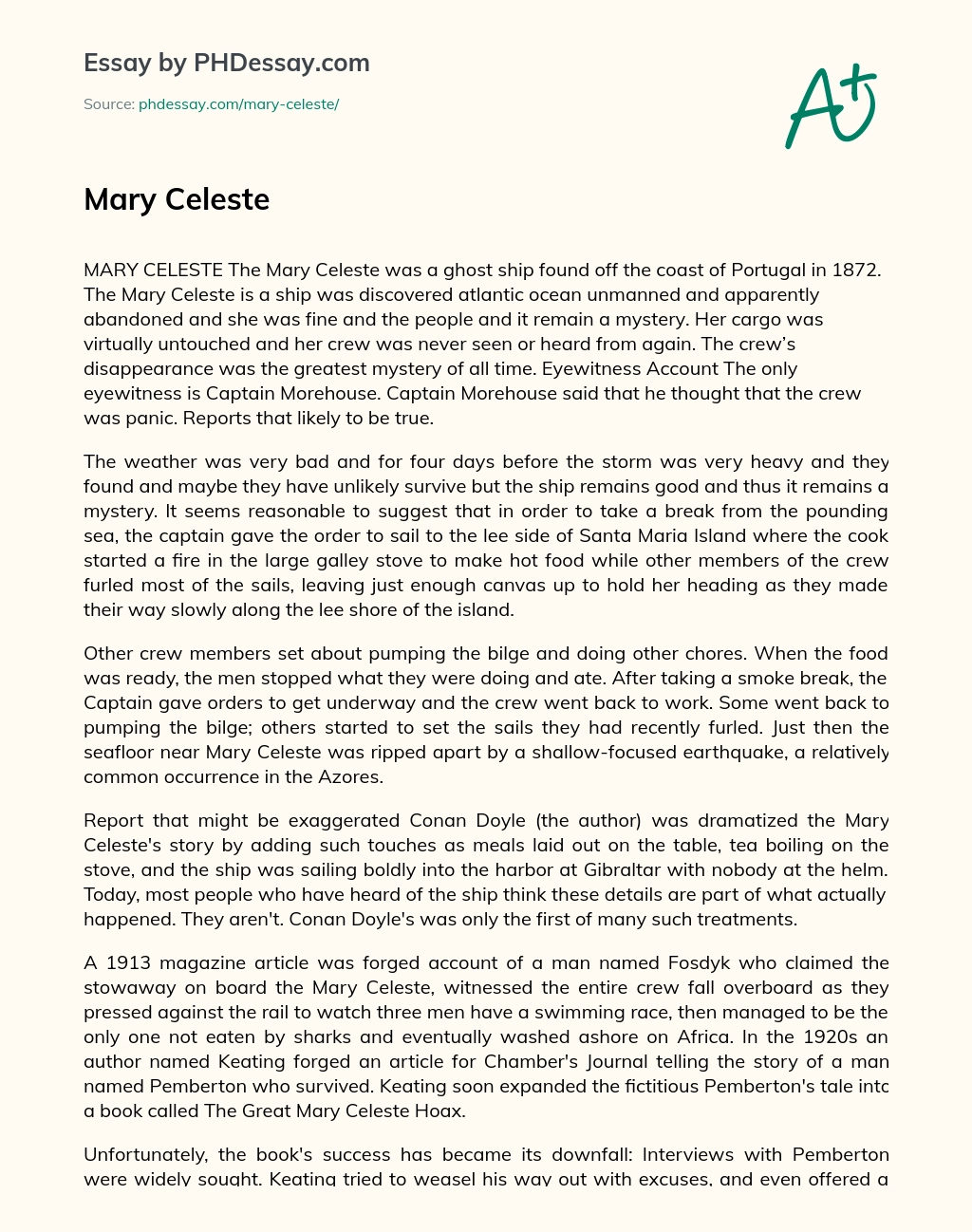 The Mysterious Disappearance of the Mary Celeste essay