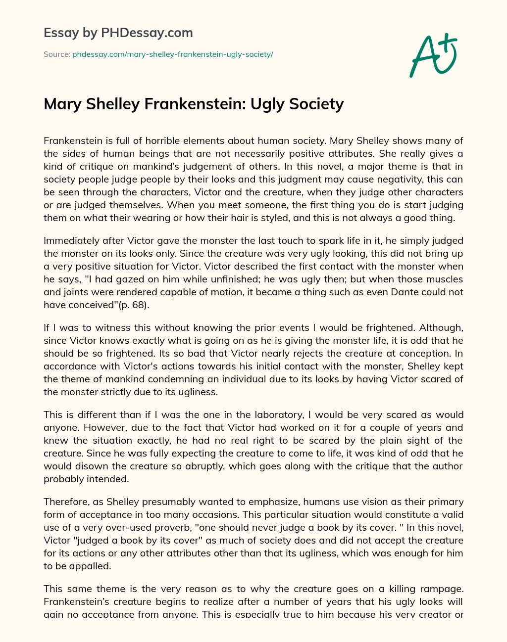 Mary Shelley Frankenstein: Ugly Society essay