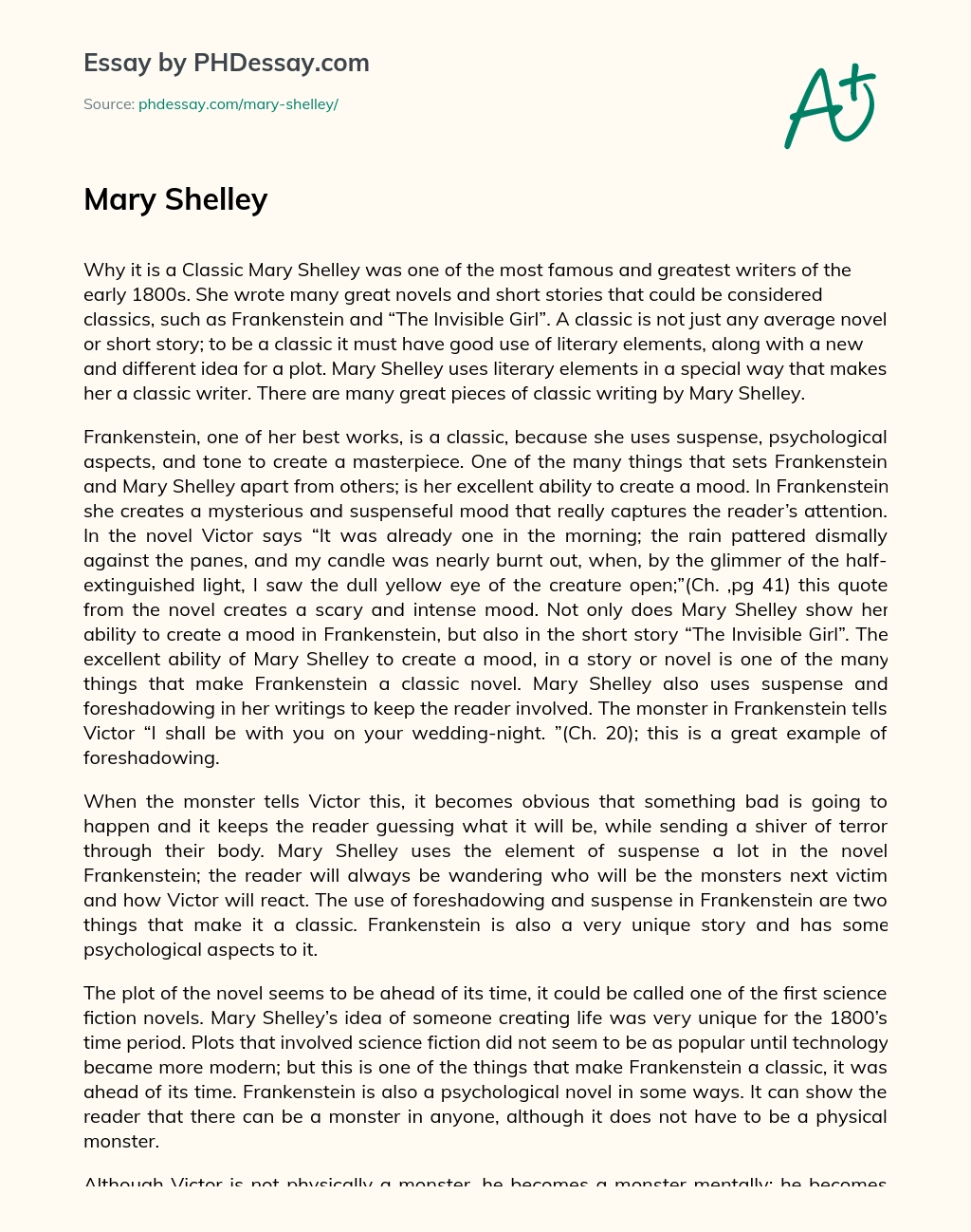 Mary Shelley’s Use of Literary Elements in Creating Classics essay