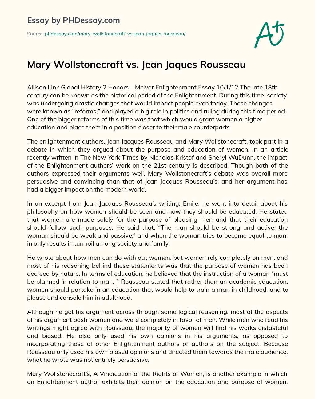 Mary Wollstonecraft vs. Jean Jaques Rousseau essay