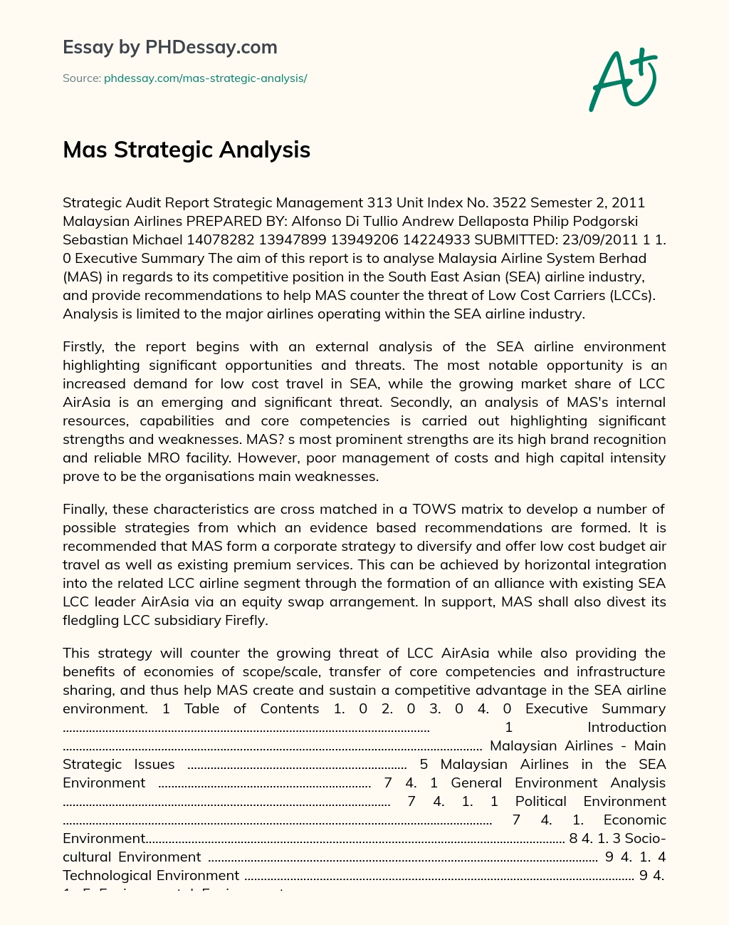 Mas Strategic Analysis essay