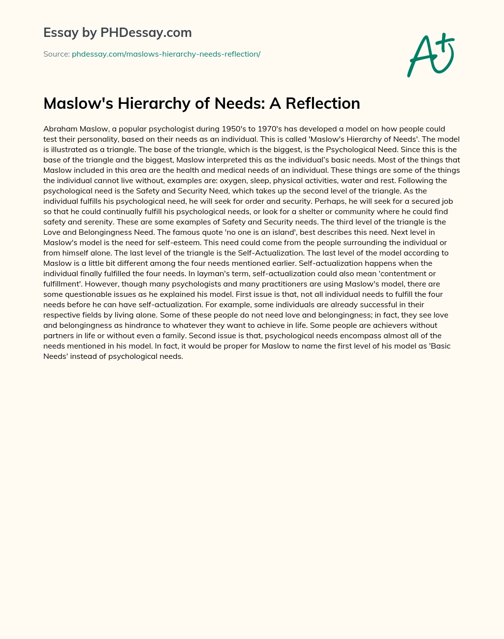 Maslow’s Hierarchy of Needs: A Reflection essay