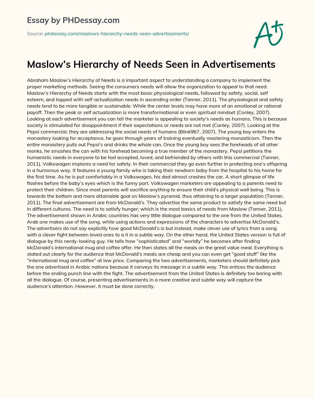 Maslow’s Hierarchy of Needs Seen in Advertisements essay