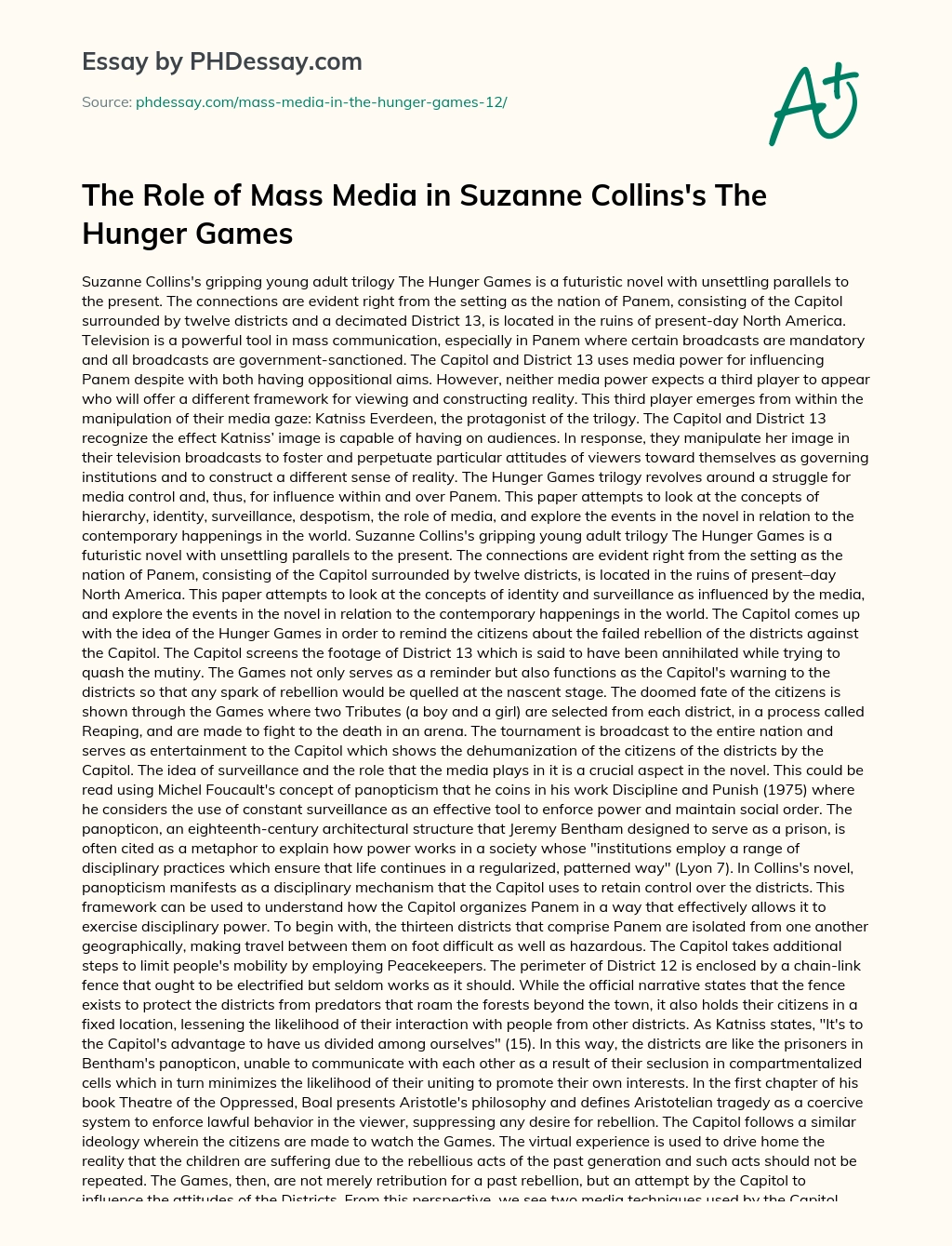 The Role of Mass Media in Suzanne Collins’s The Hunger Games essay