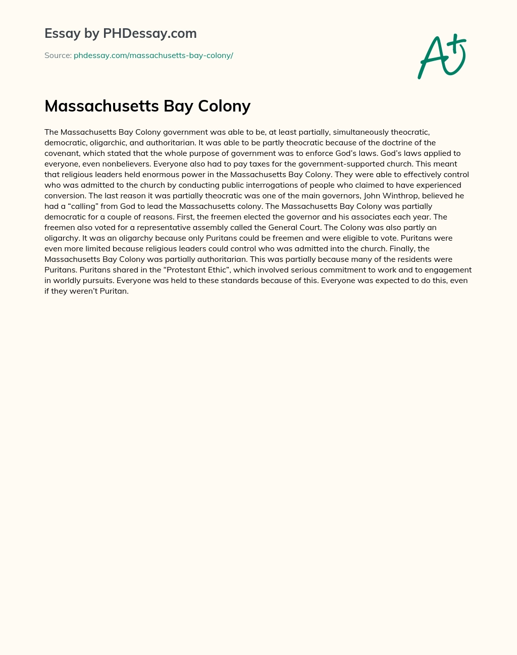 Massachusetts Bay Colony essay