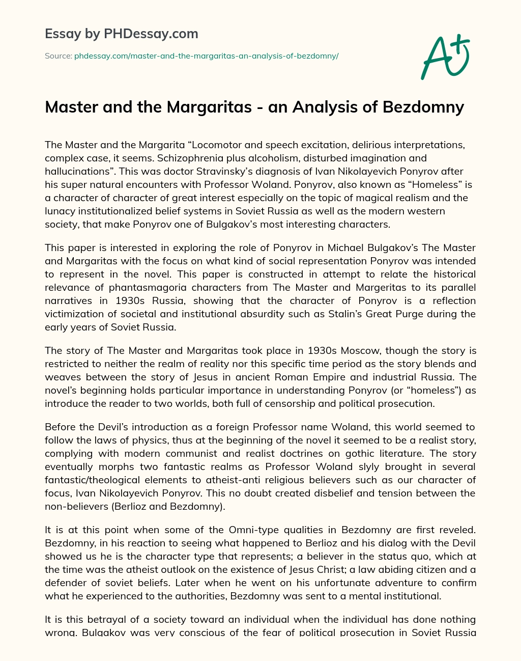 Master and the Margaritas – an Analysis of Bezdomny essay