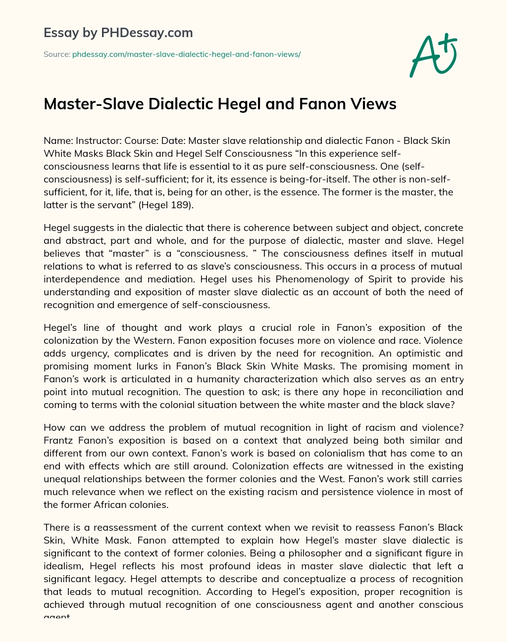 Master-Slave Dialectic Hegel and Fanon Views essay