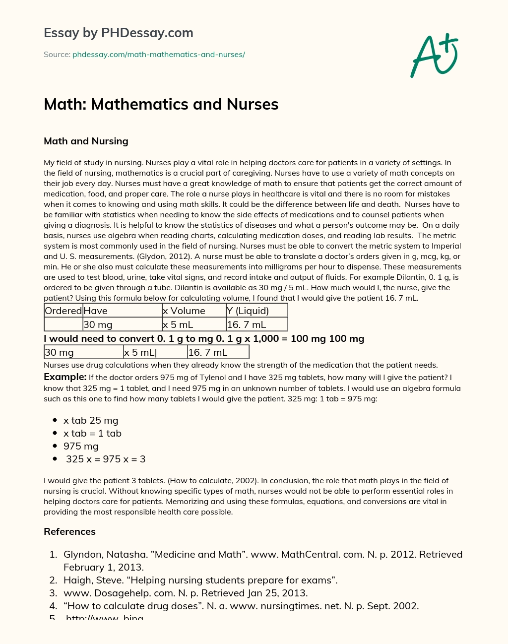 Math: Mathematics and Nurses essay