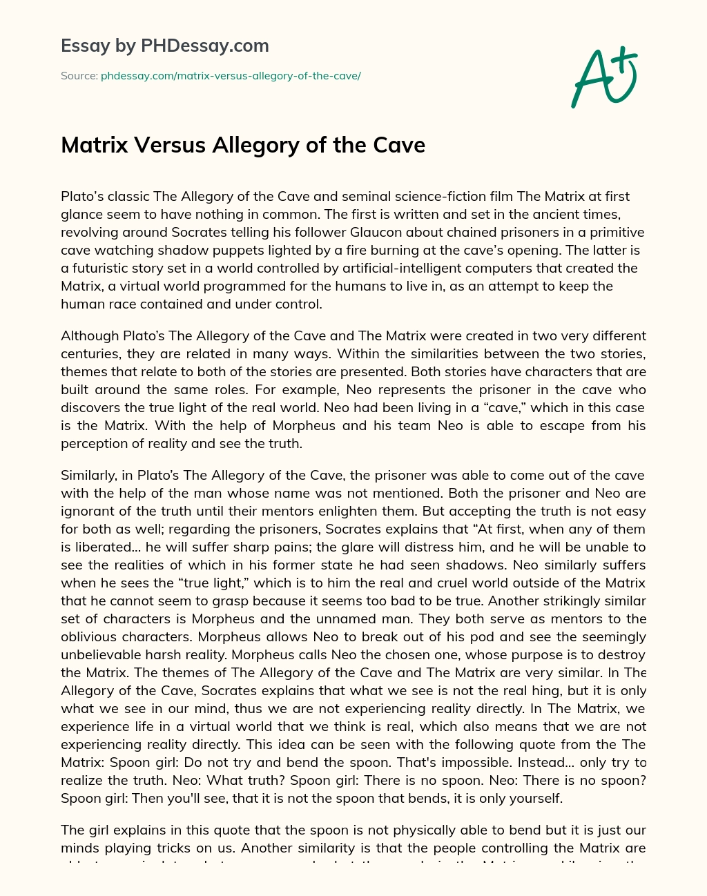 Matrix Versus Allegory of the Cave essay