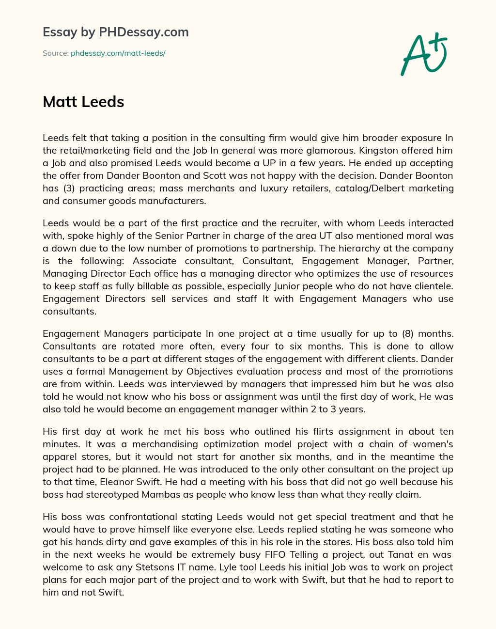 Leeds’ Decision to Join Dander Boonton: A Look at the Consulting Firm’s Hierarchy and Practices essay
