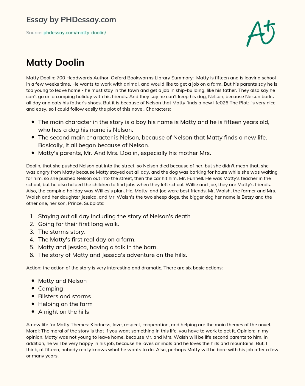 700 Headwords Author: Matty Doolin’s Journey to a New Life with Nelson essay
