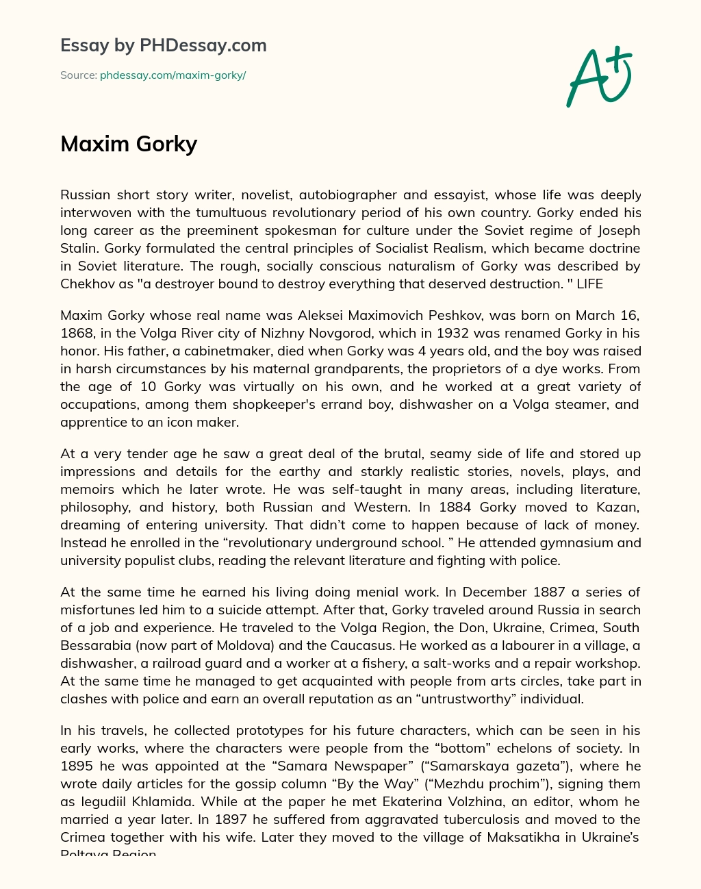 Maxim Gorky: Life and Legacy of a Revolutionary Writer essay