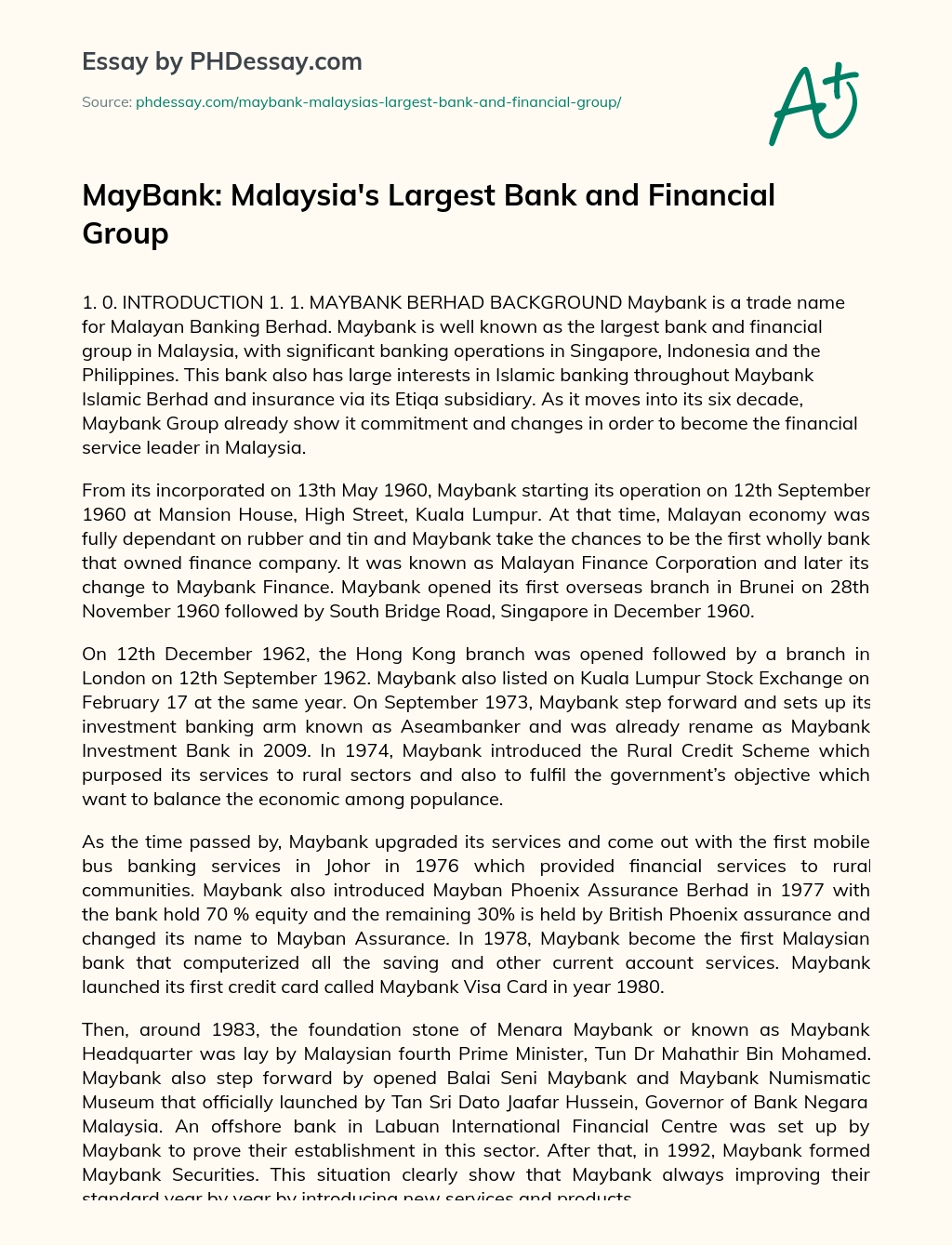 MayBank: Malaysia’s Largest Bank and Financial Group essay
