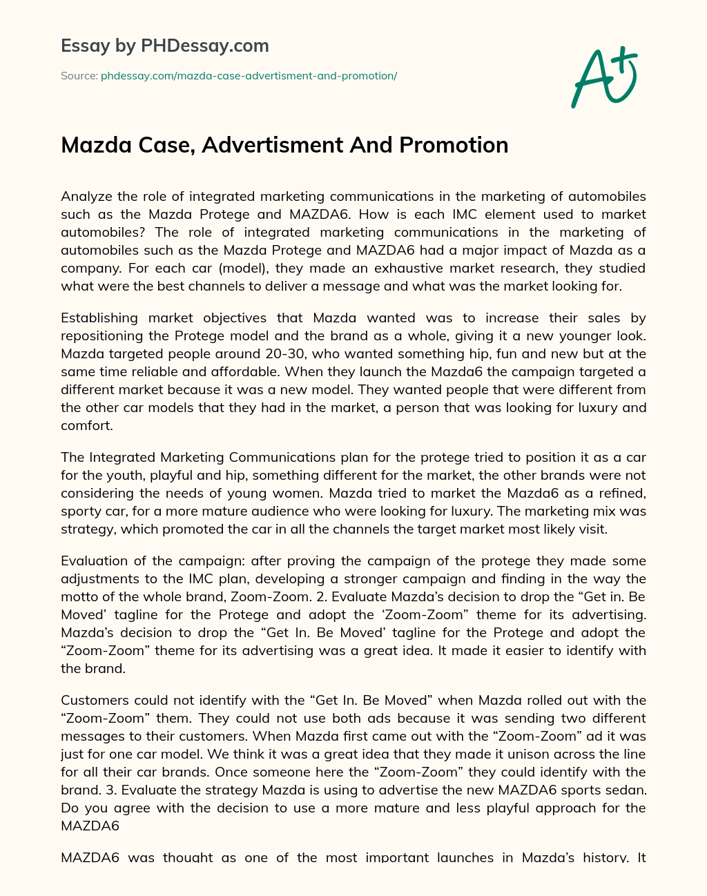 Mazda Case, Advertisment And Promotion essay