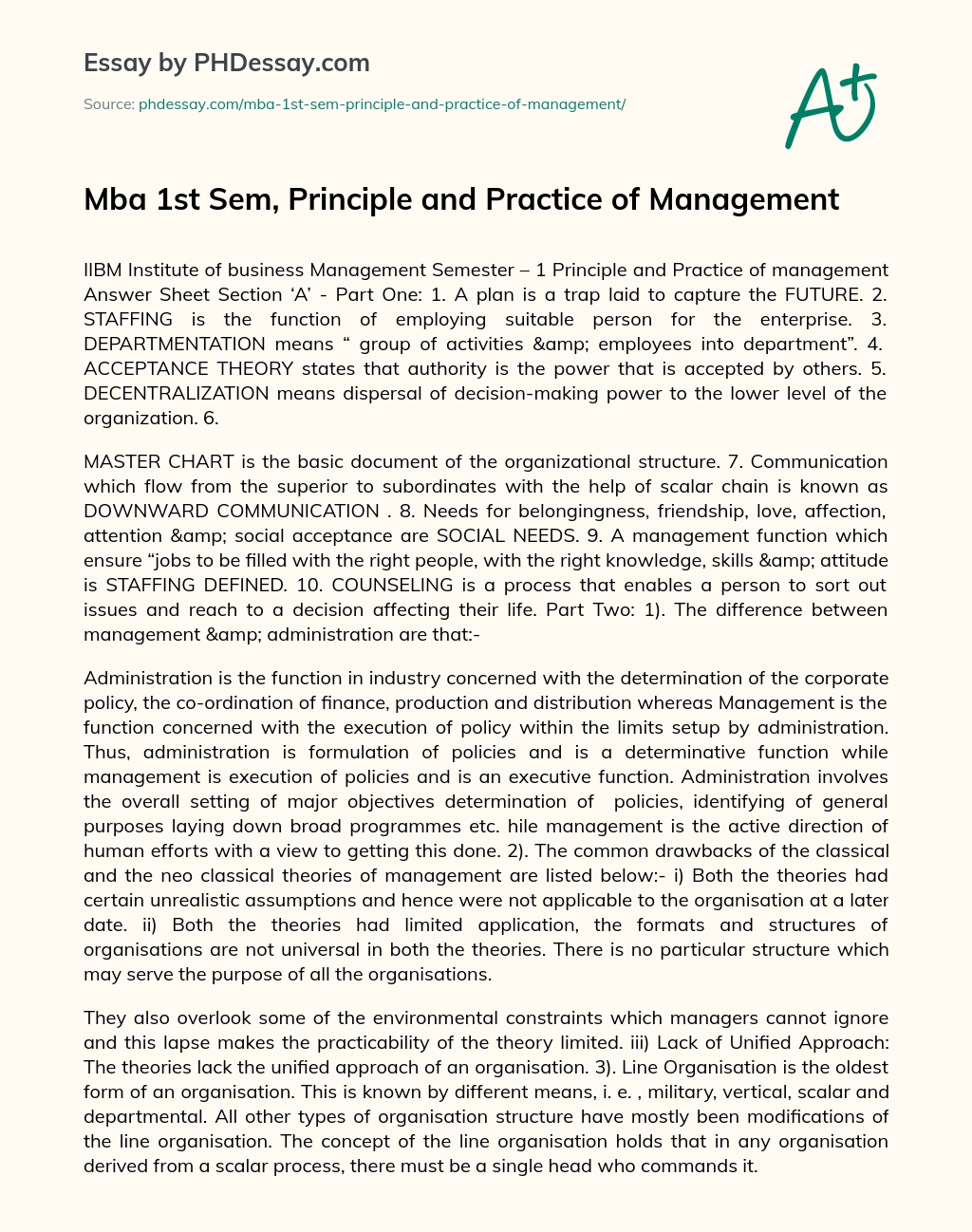 Mba 1st Sem, Principle and Practice of Management essay