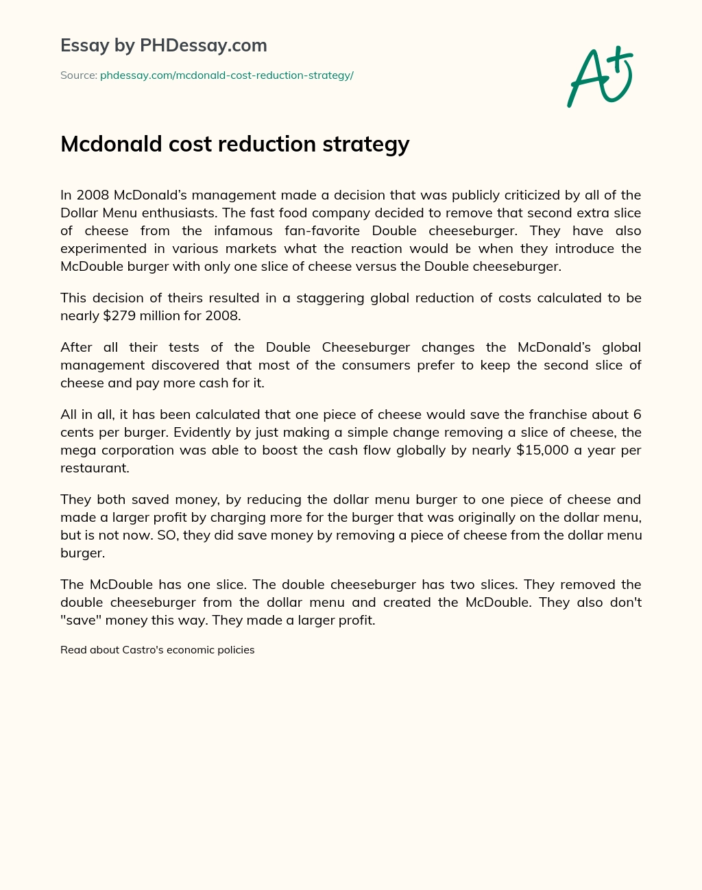 Mcdonald cost reduction strategy essay