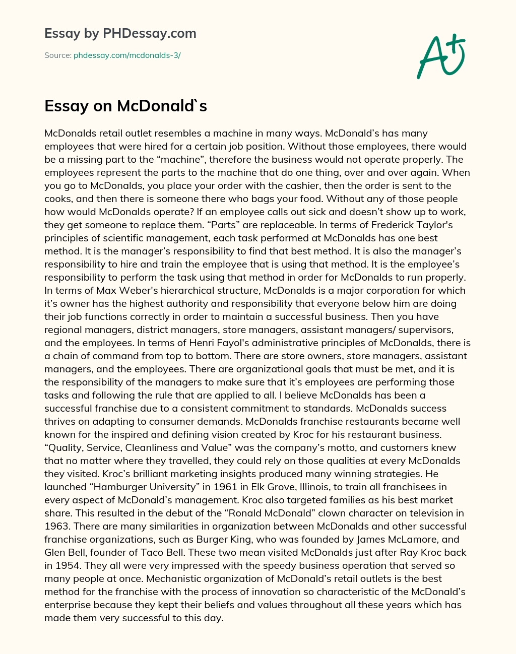 Essay on McDonald`s essay