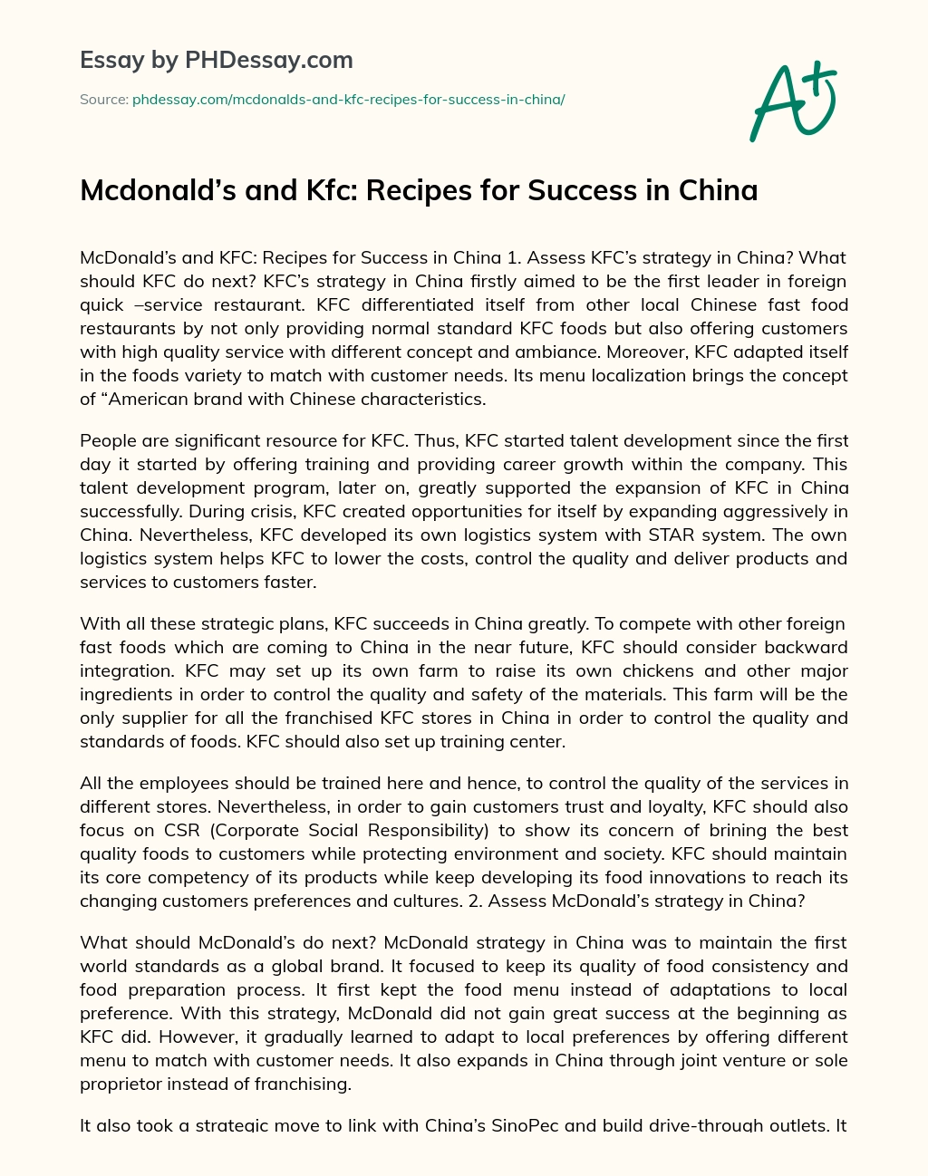 Mcdonald’s and Kfc: Recipes for Success in China essay