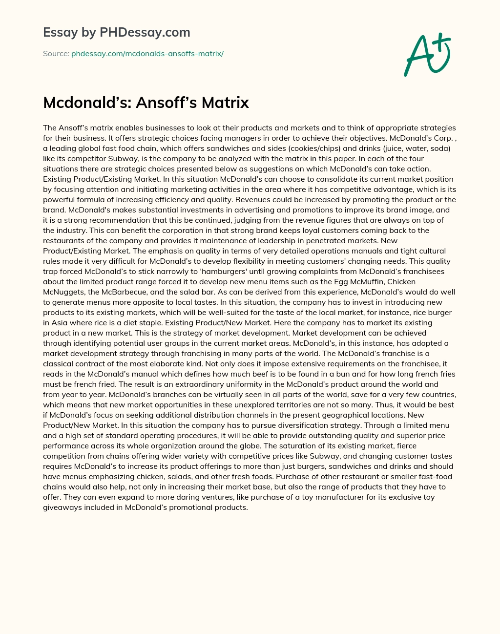 Mcdonald’s: Ansoff’s Matrix essay