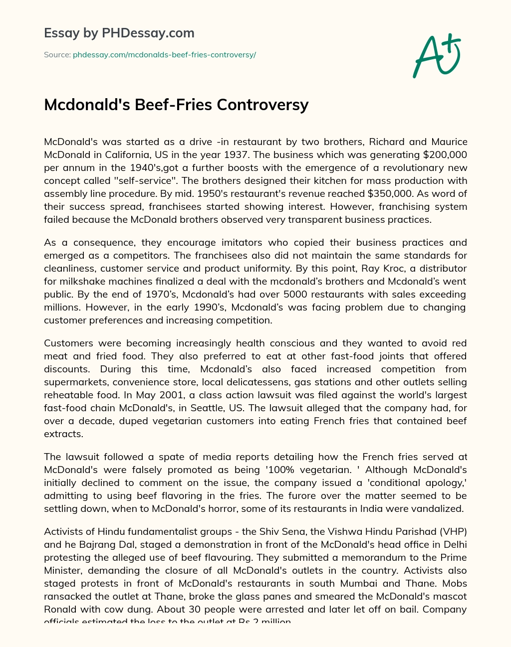 Mcdonald’s Beef-Fries Controversy essay