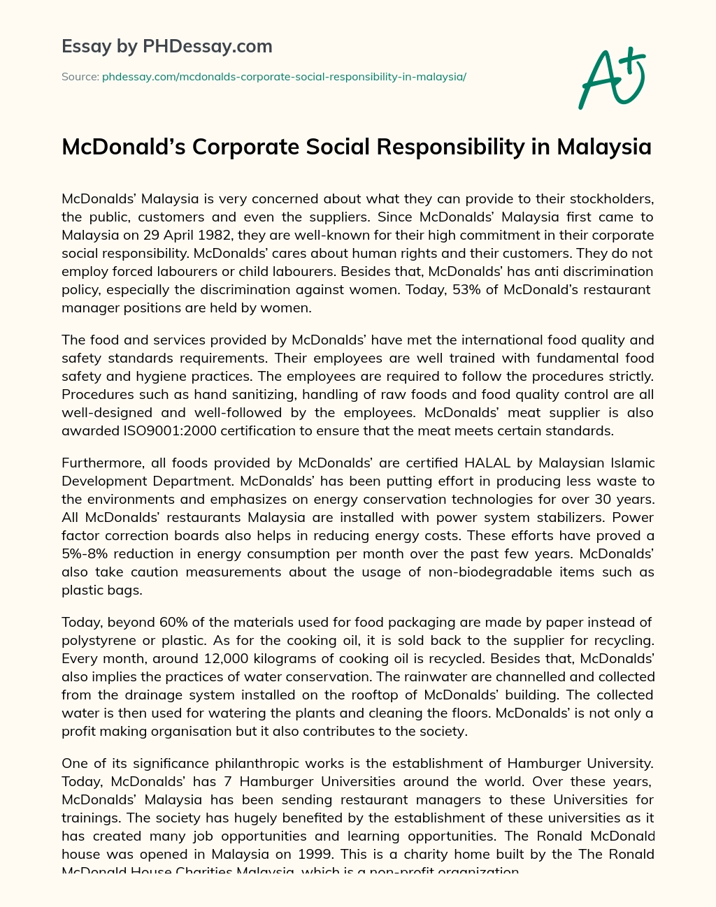 McDonald’s Corporate Social Responsibility in Malaysia essay