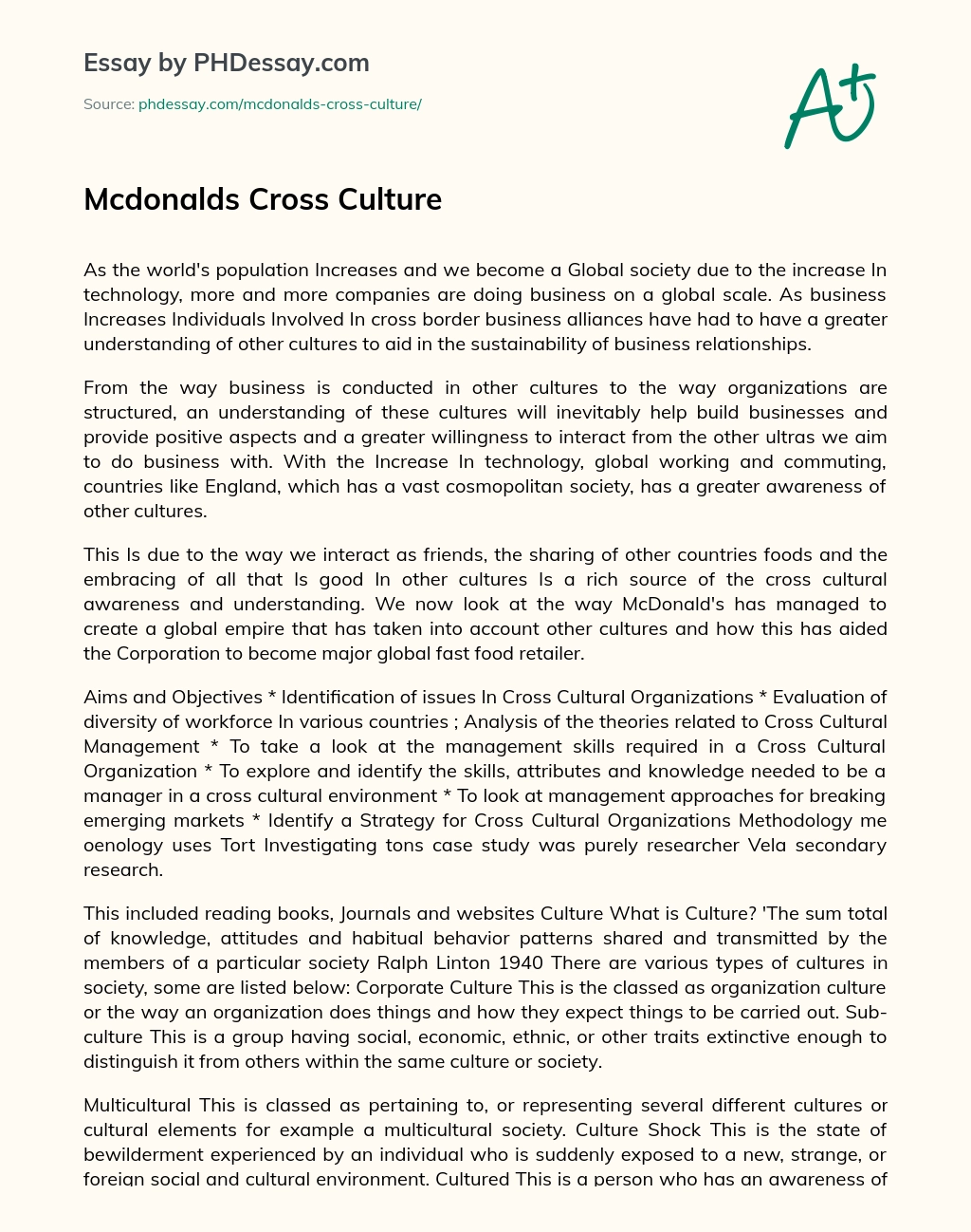 Mcdonalds Cross Culture essay