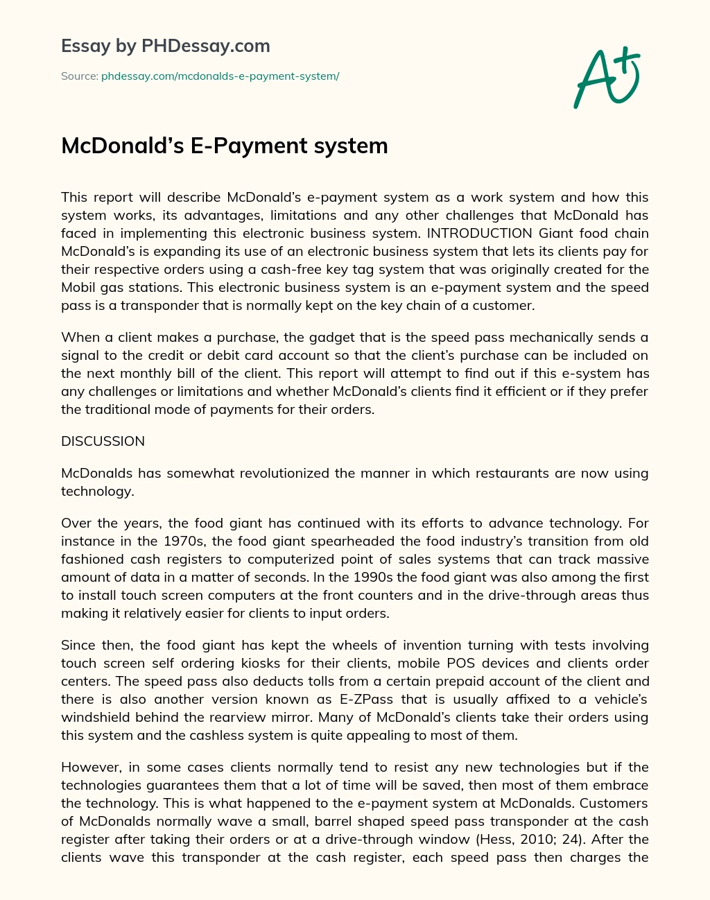 McDonald’s E-Payment system essay