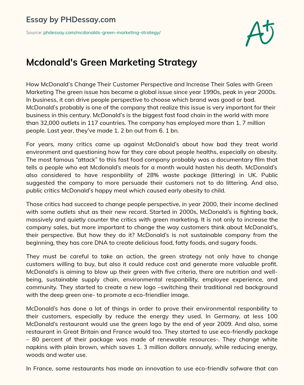 Mcdonald’s Green Marketing Strategy essay