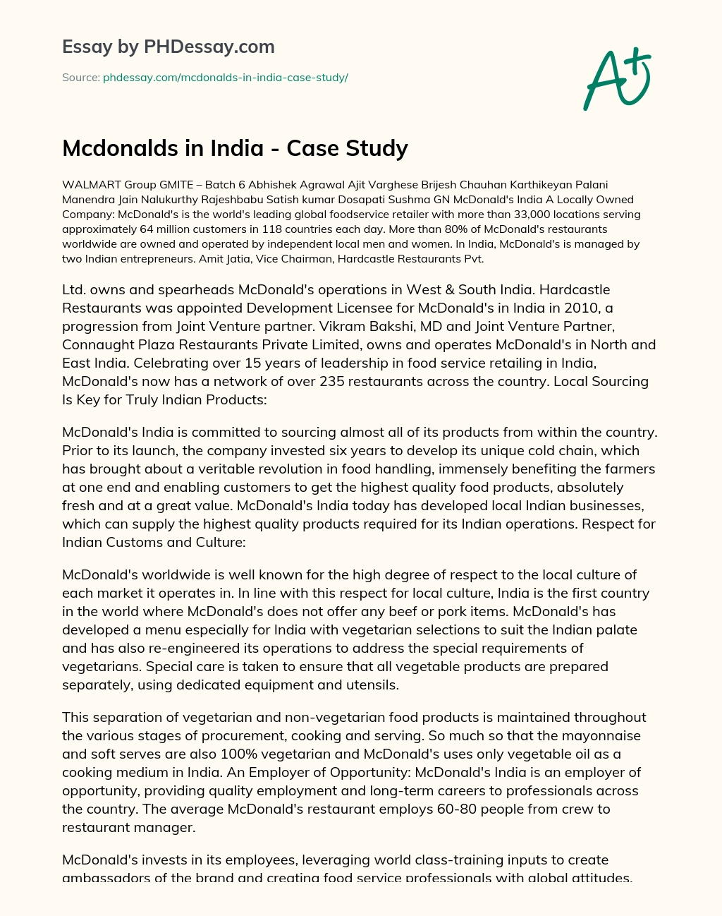 Mcdonalds in India – Case Study essay