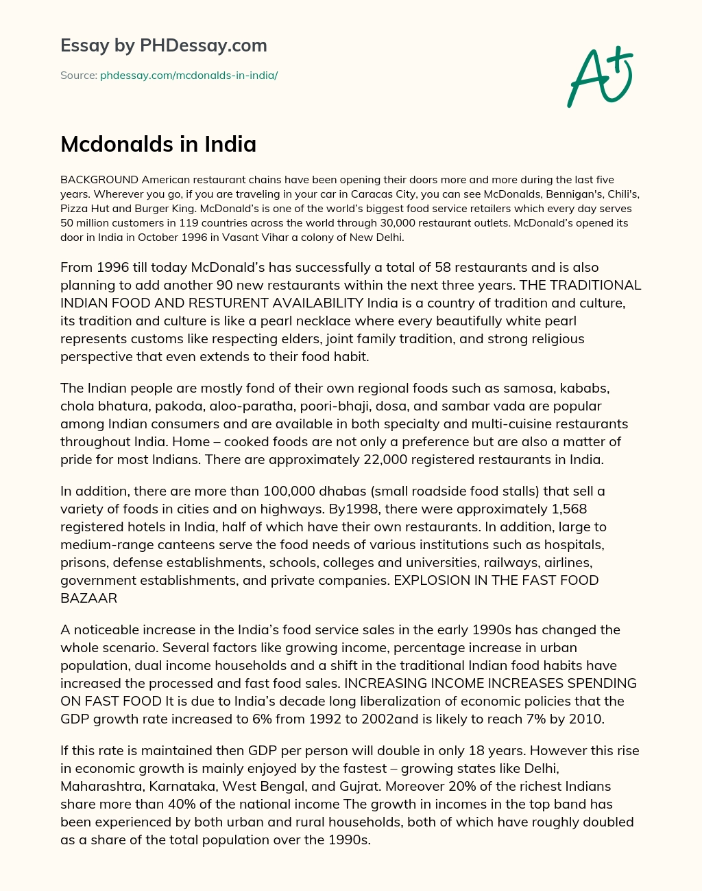 Mcdonalds in India essay