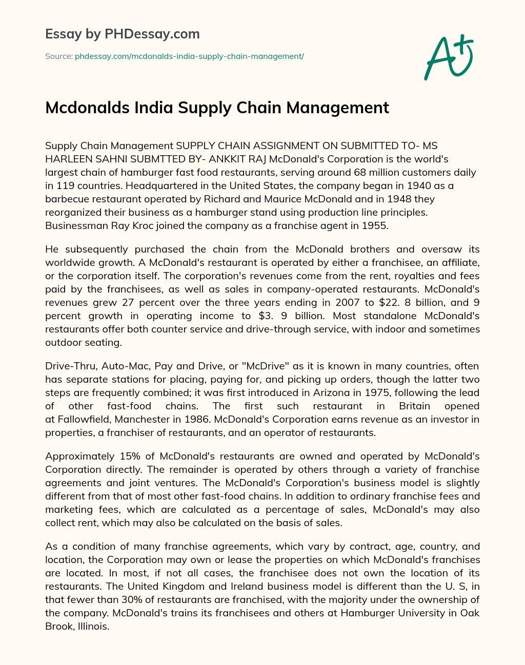 Mcdonalds India Supply Chain Management essay